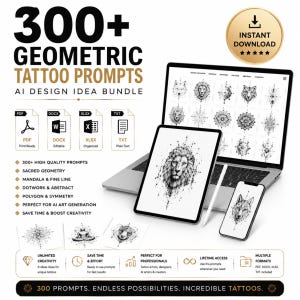 Könnte beinhalten: Ein digitales Paket mit über 300 geometrischen Tattoo-Vorlagen, dargestellt auf einem Laptop, Tablet und Smartphone. Die Bildschirme zeigen schwarz-weiße Strichzeichnungen, darunter Löwen und Wölfe. Symbole für PDF-, DOCX-, XLSX- und TXT-Dateiformate sind zu sehen.
