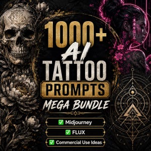 May include: A digital graphic featuring the text 1000+ AI TATTOO PROMPTS MEGA BUNDLE. The design includes a detailed skull, floral elements, a person with pink flowers, and geometric patterns. It lists Midjourney, FLUX, and Commercial Use Ideas.