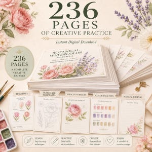 Botanisk akvarell-arbetsbok, målarguide med 100 blommor, 236 sidor (digital nedladdning)