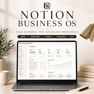 May include: A laptop displaying the Notion Business OS dashboard, featuring revenue, leads, tasks, content, and KPI metrics. The screen shows a sidebar navigation menu and a main dashboard area with charts, lists, and progress indicators for business management.