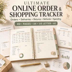 May include: A spiral-bound online order and shopping tracker planner with pages for orders, deliveries, returns, refunds, and spending. The planner includes charts, tables, and a pie graph. Text reads: Ultimate Online Order & Shopping Tracker.