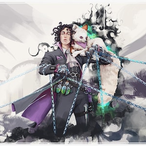 May include: Digital illustration of a person with dark curly hair, wearing a black coat with purple accents, holding a white fox. The fox has a purple bandana. Blue chains and green glowing accents are also present.