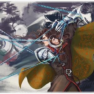 May include: An artistic illustration of a figure wielding a sword and chains. The figure is clad in armor and a cloak, with a shield on their arm. The background features a dark, stormy sky and a shadowy figure.
