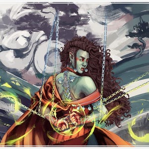 May include: An artistic illustration of a fantasy figure with green skin, long brown curly hair, and red accents. The figure is adorned with jewelry and a red garment, suspended by chains against a backdrop of swirling colors and a stylized landscape.