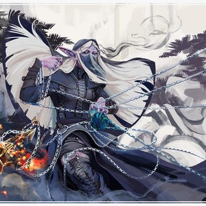 May include: Digital art of a fantasy character with pale skin, pointed ears, and long white hair. The character wears a black outfit with chains and a veil, holding a glowing object. A large white and black wing-like structure is behind the character.