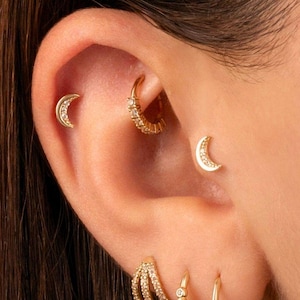 14K Solid Gold Crescent Tragus Piercing /Minimalist Flat Back Helix Piercing / 16g Labret Stud /Gold Cartilage Earings by Zerona Gold