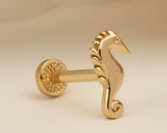 14K Gold Seepferdchen Piercing - Nautische Tragus, Helix Bolzen