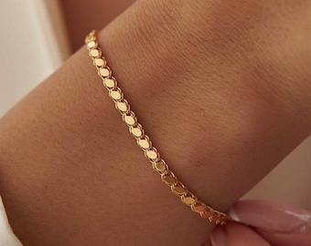 14K Solid Gold Sequin Chain Bracelet, Dainty Mirror Bracelet-Dainty Scully Bracelet