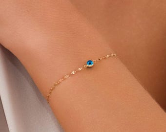14K Solid Gold Evil Eye Armband • Zierlicher Blaues Augen Anhänger • Spiegel Kettenarmband • Minimalistisches Gold Armband • Glücks Schutz Schmuck