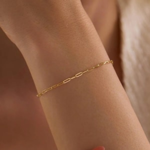 Pode incluir: Uma delicada pulseira dourada com um design de corrente de clip. A pulseira é usada no pulso de uma pessoa, com os elos da corrente visíveis. A pulseira é uma joia simples e elegante.