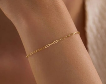 Pulsera de cadena de oro macizo de 14k con diseño de clip, eslabón ovalado minimalista