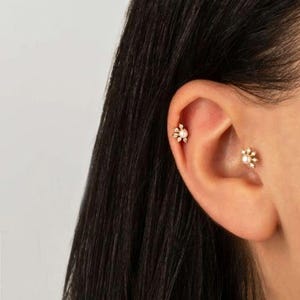 14K Gold Pearl Tragus Piercing with CZ Accents | Dainty Cartilage Stud Earring | Solid Gold Helix Piercing | Minimalist Pearl Jewelry