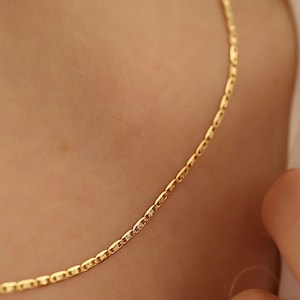 May include: A delicate gold chain necklace with a simple, classic design. The chain is made of small, oval-shaped links.