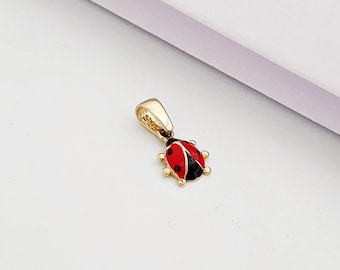 14K Massiv Gold Marienkäfer Anhänger - Roter Emaille Glücksbringer