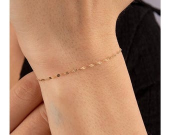 Pulsera de cadena de oro macizo de 14 quilates con espejo y delicado eslabón brillante.