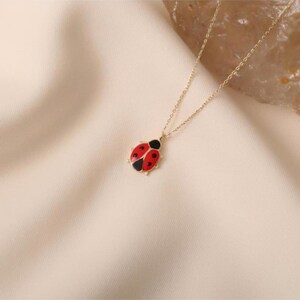 Puede incluir: Un collar dorado con un colgante de mariquita. La mariquita tiene un cuerpo rojo con puntos negros y una cabeza negra. El collar se muestra sobre una tela color crema.