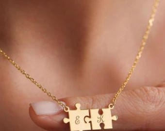 14K Gold Puzzle Piece Necklace - Personalized Initial Pendant