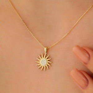 14K Solid Gold Sunburst Necklace • Dainty Pendant