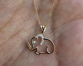 14K Solid Gold Elephant Necklace – Dainty Diamond Accent Pendant