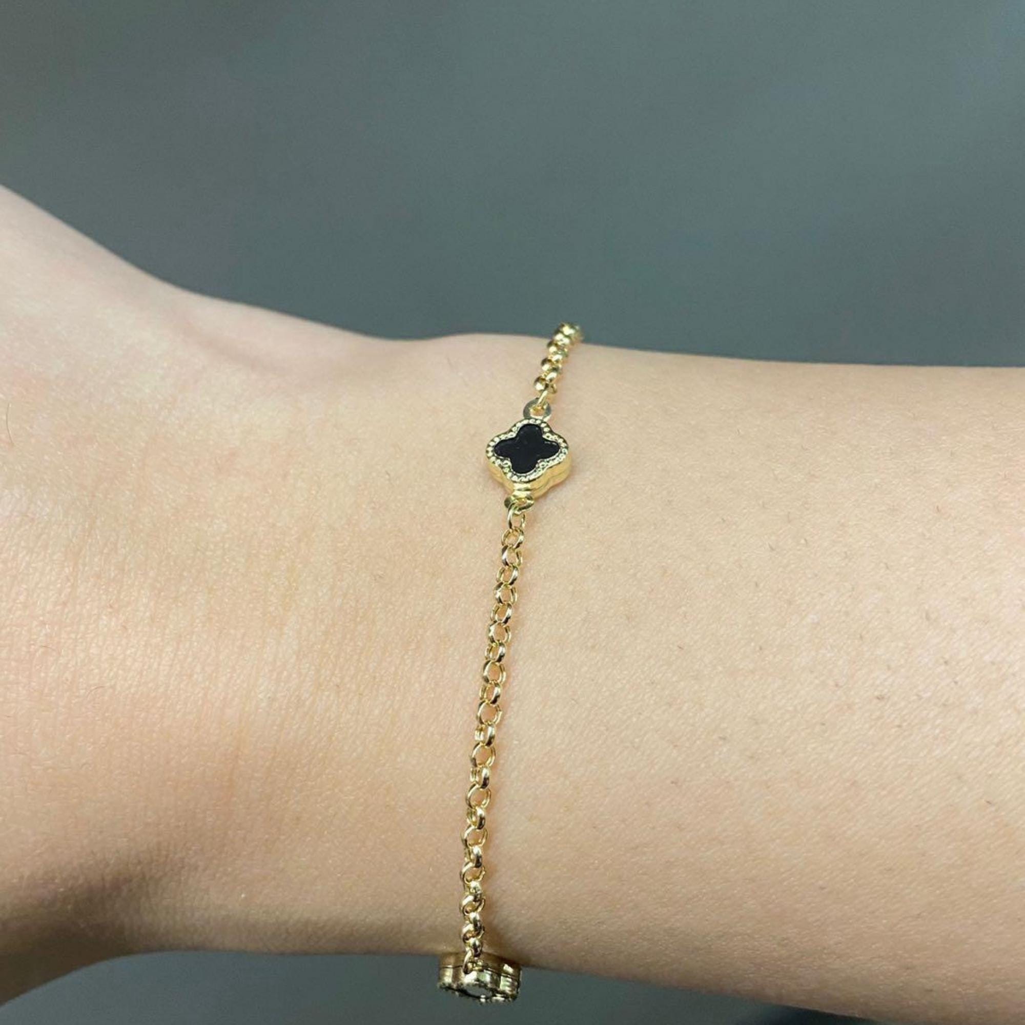 Bracciale A Catena Con Quadrifoglio Per Donna – Acciaio Inossidabile Placcato Oro 18k, Regolabile, Ipoallergenico, Portafortuna