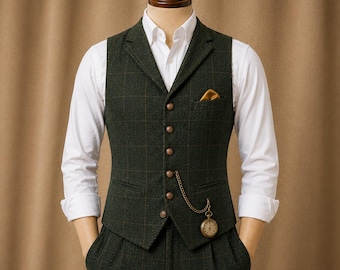 Gilet da uomo in tweed a quadri verdi, ideale per matrimoni, matrimoni, sposo, testimoni, stile gentiluomo tradizionale, gilet formale su misura.