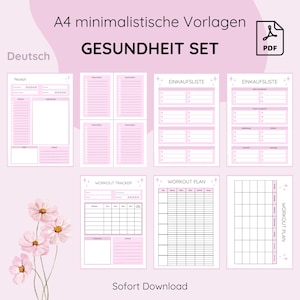 Könnte beinhalten: Ein Satz druckbarer A4-Vorlagen für Gesundheits- und Wellness-Planer in Rosa und Weiß. Die Vorlagen beinhalten einen Rezeptplaner, eine Einkaufsliste, einen Trainingstracker und einen Trainingsplan. Der Text "GESUNDHEIT SET" befindet sich oben im Bild.