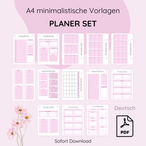 Puede incluir: Un conjunto de plantillas de planificador imprimibles en rosa y blanco con un diseño minimalista. Las plantillas incluyen páginas diarias, semanales, mensuales y de lista de tareas. El texto "A4 minimalistische Vorlagen PLANER SET" está en la parte superior de la imagen. El texto "Sofort Download" está en la parte inferior de la imagen. El texto "Deutsch" y un icono de PDF están en la esquina inferior derecha de la imagen.