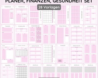 Può includere: Un set di 28 pagine di pianificatore stampabili in uno schema di colori rosa e bianco. Le pagine includono pianificatori giornalieri, settimanali e mensili, nonché liste di cose da fare, tracker di allenamento, liste della spesa e tracker di risparmio. Il testo sulle pagine è in tedesco. Il titolo del set è "PLANER, FINANZEN, GESUNDHEIT SET" e il testo "28 Vorlagen" è anche incluso. Il testo "Spar Paket" e "Sofort Download" si trova nella parte inferiore dell'immagine.