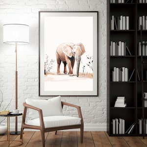 Illustrazione minimalista Elefante Illustrazione animale Design moderno animale Stile Boho Colori tenui Acquerello Elefante Arte murale botanica