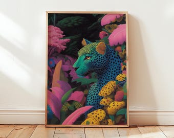 Cheetah in Jungle Print, Colorful Wall Art, Bold Aesthetic, Floral Nature Prints, Living Room Decor, Printable wall art, Tropical wall art