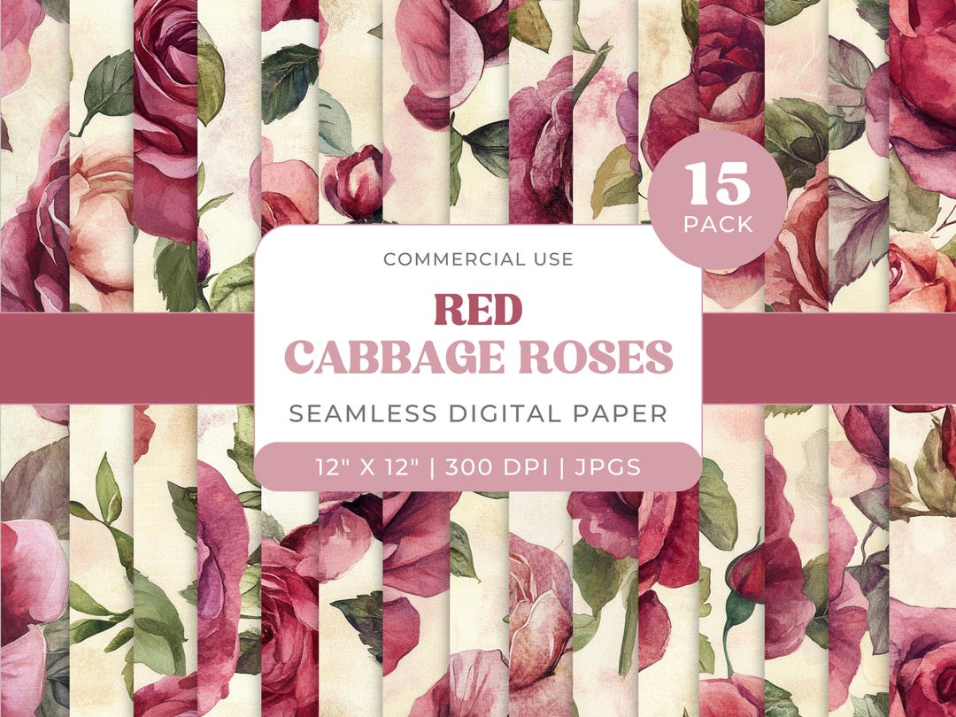 Cabbage Rose Digital Paper, Red Antique Floral Printables, Junk Journal ...