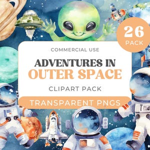 Outer Space Clipart, Watercolor Astronaut PNG, Rocket and Planets, Instant Digital Download for Kids Crafts, Commercial Use, Galaxy Party