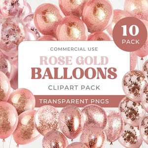 Clipart de globo con purpurina dorada rosa, descarga digital para decoración de fiestas, celebraciones de cumpleaños, uso comercial, archivos PNG para invitaciones