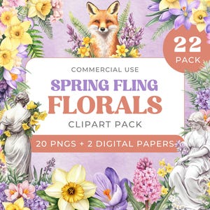 Clipart fleurs printanières, crocus, crocus aquarelle, jonquilles jaunes, jacinthes roses et violettes, fougères, renard des bois, fleurs de Pâques, art du jardin