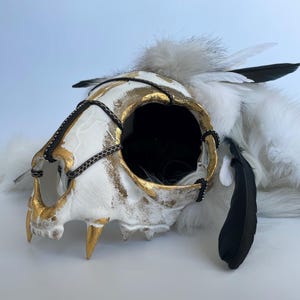 Shaman Faux Fur Tribal Bone Mask with Feathers & Fangs, Animal Skull Head Premade, Mystic Druid Costume Fantasy Outfit