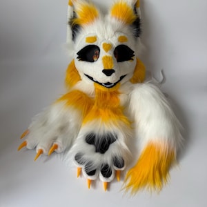 Dog Fursuit Head Premade | White Puppy Furry Mask Yellow Spotted | Handmade Fursuit Partial Christmas Gift