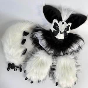 Raptor Fursuit Head Paws Tail Set, Moving Jaw Dino Mask Costume, Black White Furry Fursuit Premade, Fursona Cosplay, TikTok Mask