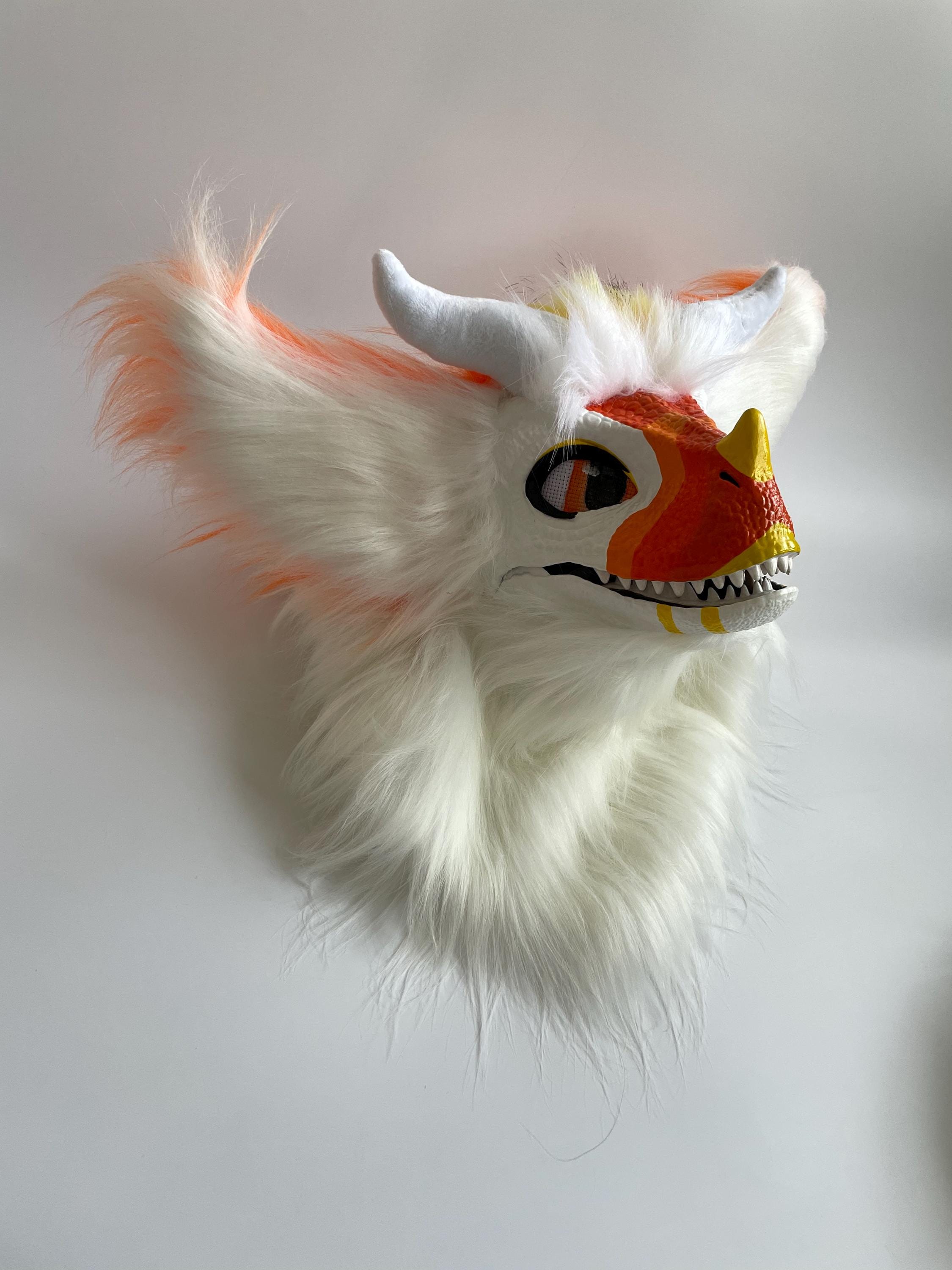 Premade Dino Fursuit Head With Horns, White Orange Mask With