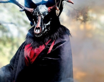 Wendigo Mask with Removable Horns and Cloak, Premade Head, Tribal Bone Design, Faux Fur, Fantasy Animal Hybrid Costume, Halloween Gift