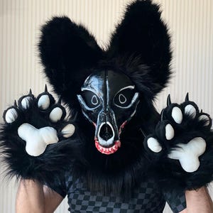 Werewolf Scary Fursuit Partial Head Paws Tail Set with Bloody Teeth | Black Skulldog Fursuit Head Premade | Gift for Furries