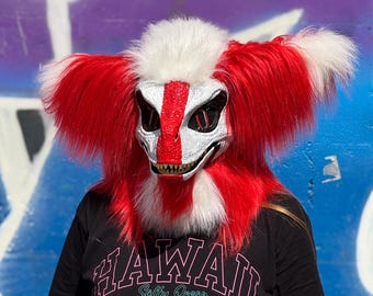 Premade Red White Dino Fursuit Head, Movable Jaw Furry Mask, Christmas gift
