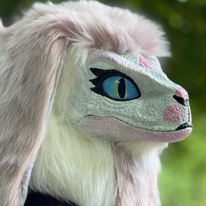 Cute Pink Dino Fursuit Head with Long Ears, Adjustable Helmet for Comfort, Perfect Birthday Gift for Teen, Great for Cosplay and Furry Event