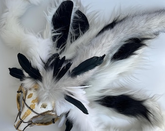 Shaman Faux Fur Mask Premade, Tribal Bone Animal Skull Head with Feathers and Fangs, Druid Shaman Set, Fantasy Halloween Costume