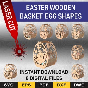 Może przedstawiać: Osiem plików cyfrowych do cięcia laserowego drewnianych kształtów koszyków na jajka wielkanocne. Projekty obejmują kosz z kurczakiem, kosz z królikiem i kosz z napisem "Wesołych Świąt Wielkanocnych".