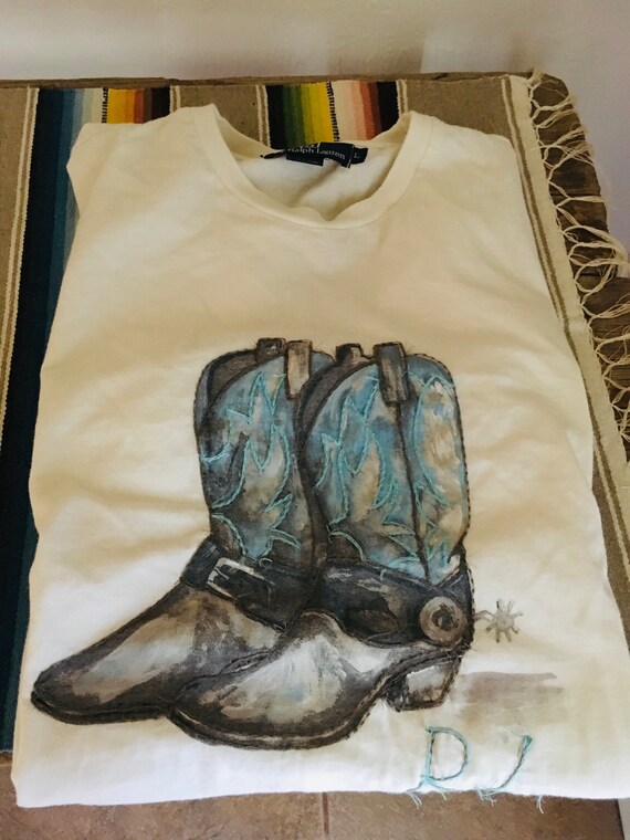 Vintage RALPH LAUREN COWBOY Boots T-Shirt Size Lar