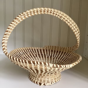 Vintage Hand Woven Natural Coiled Basket with Handle Home Decor