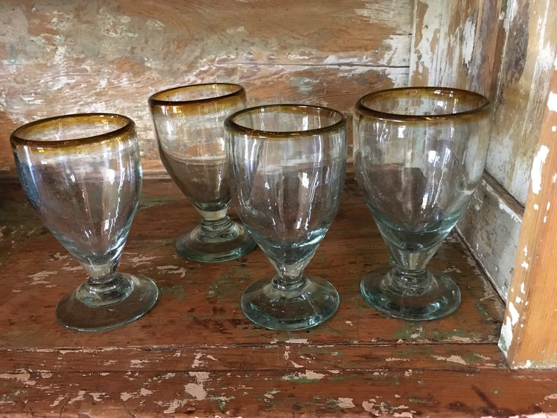 Vintage Mexican HAND BLOWN WINE Glasses With a Yellow Rim Set Etsy
