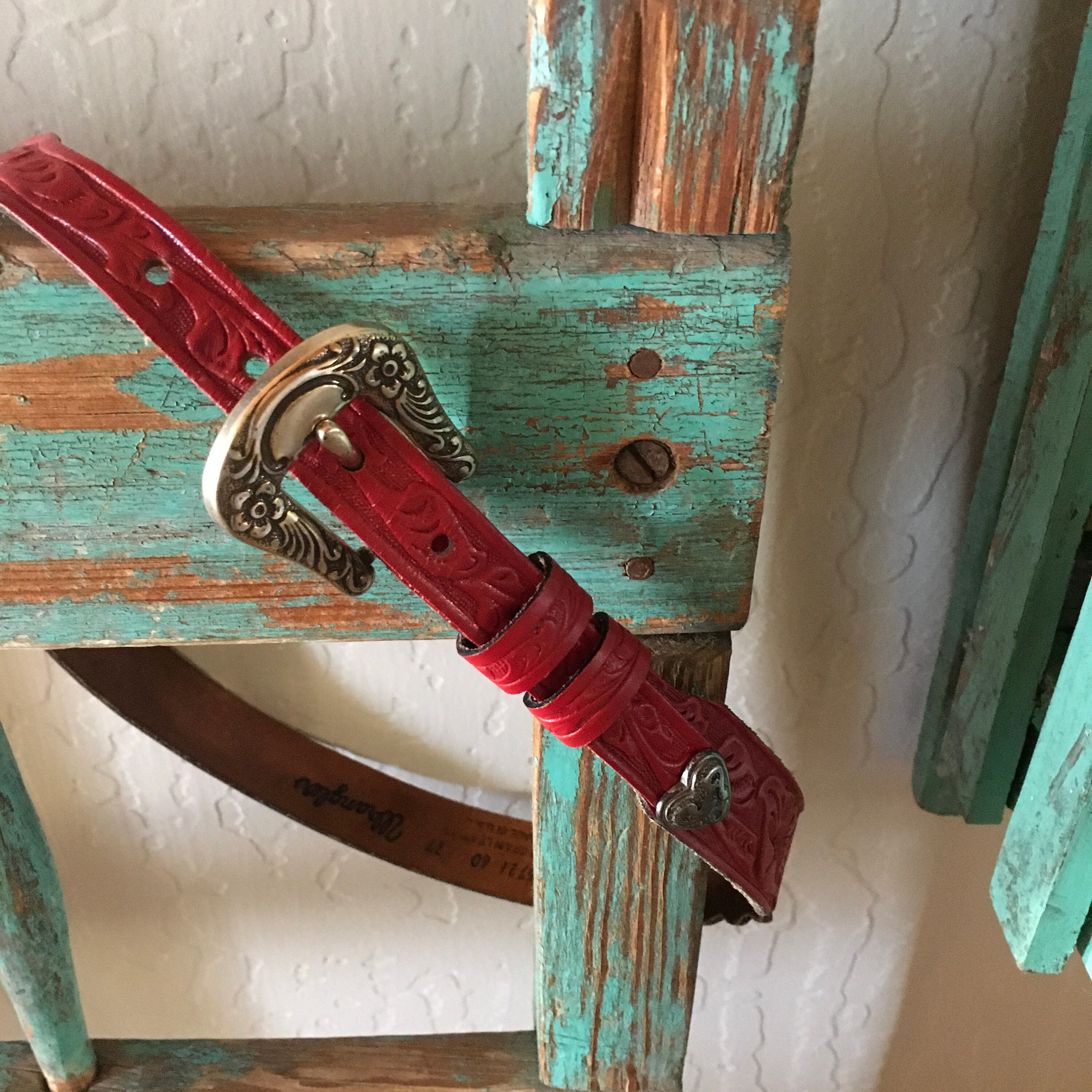 VINTAGE WRANGLER Western Red Hand Tooled Leather Belt With - Etsy
