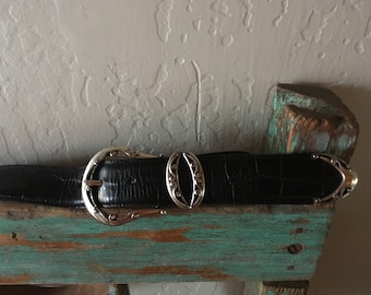 BRIGHTON BELT Vintage Brighton Black Leather Belt with Silver Buckle with Etched Silver