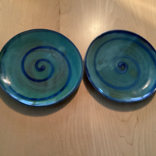 Vintage Whimsical EARTHWORKS BARBADOS Ceramic Swirls Blue Green Collectable Red Clay Pottery Set of Two Plates